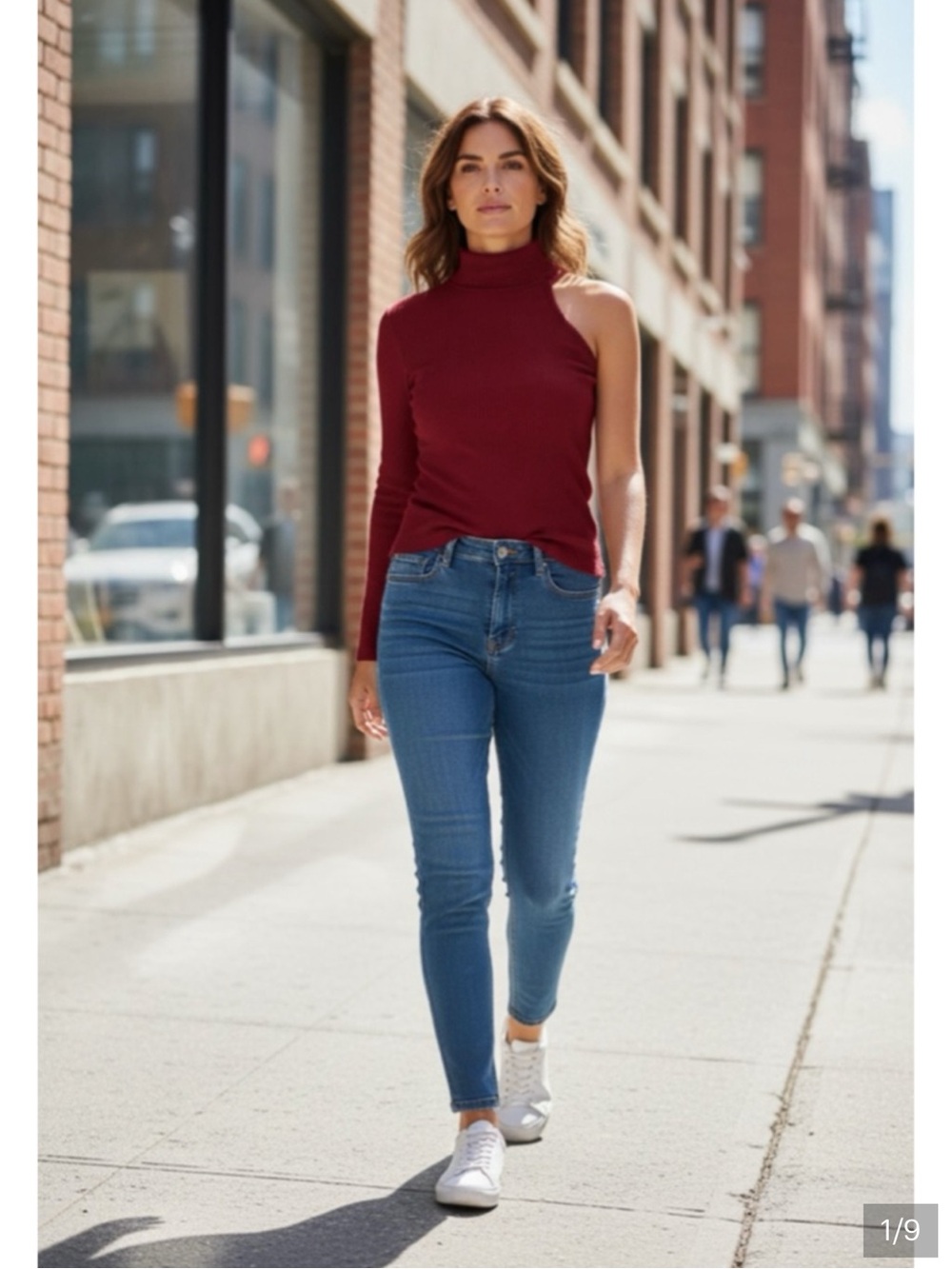 Calvin Klein Jeans Asymmetric One-Sleeve Turtleneck Top in Burgundy
